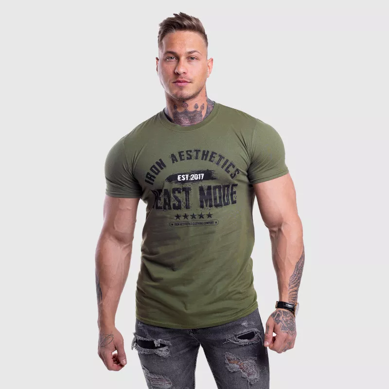 Pánske fitness tričko Iron Aesthetics Beast Mode Est. 2017, vojenská zelená-2