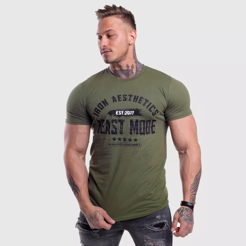 Pánske fitness tričko Iron Aesthetics Beast Mode Est. 2017, vojenská zelená-3