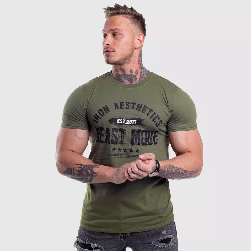 Pánske fitness tričko Iron Aesthetics Beast Mode Est. 2017, vojenská zelená-6