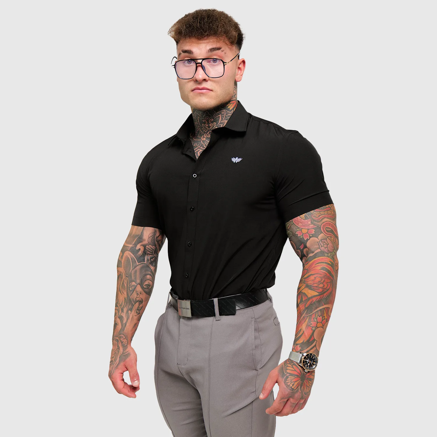 Strečová košeľa Iron Aesthetics Short Slim Stretch, čierna-1