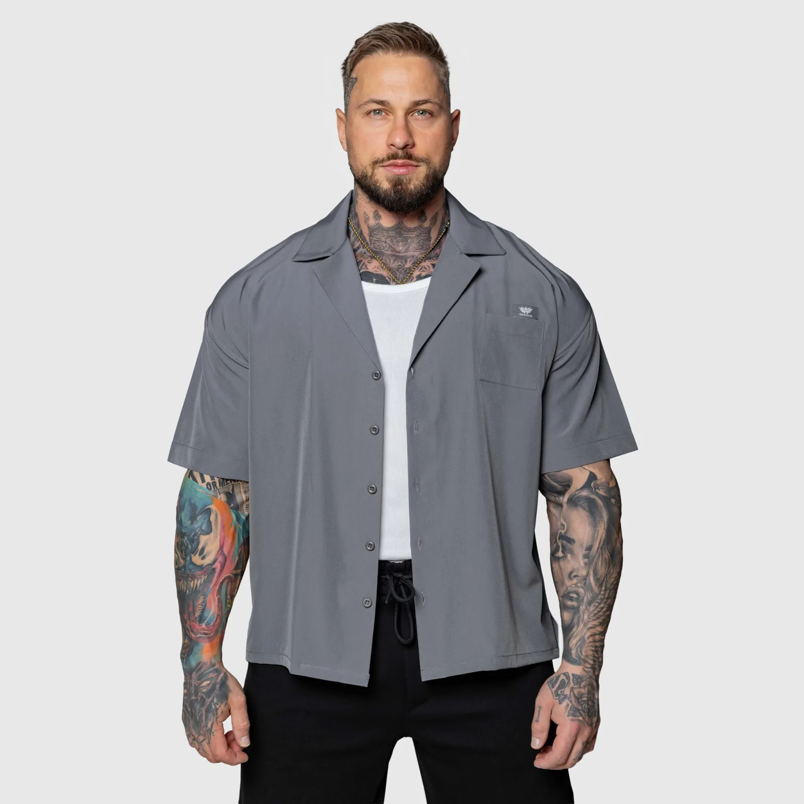 Oversized košeľa Iron Aesthetics Cuban, sivá-1