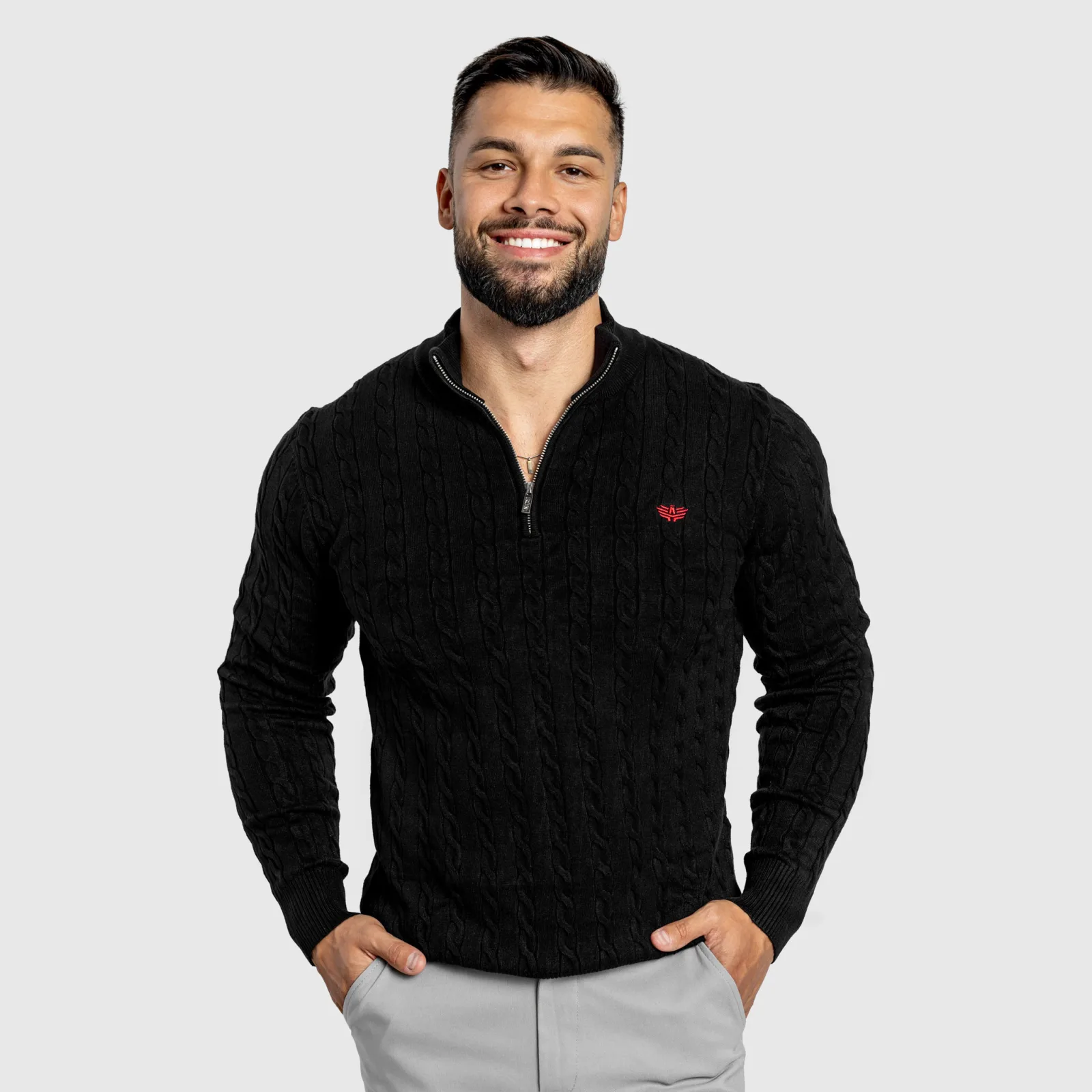 Pánsky sveter Iron Aesthetics Cable Knit, čierny-1