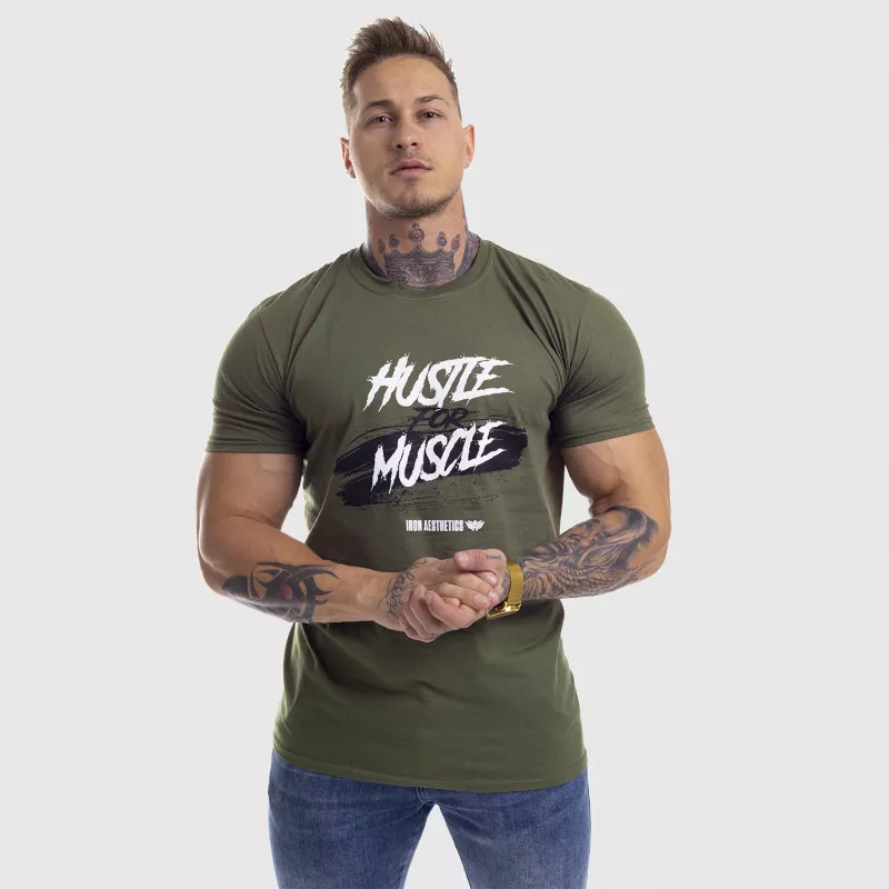 Pánske fitness tričko Iron Aesthetics HUSTLE FOR MUSCLE, zelené-4