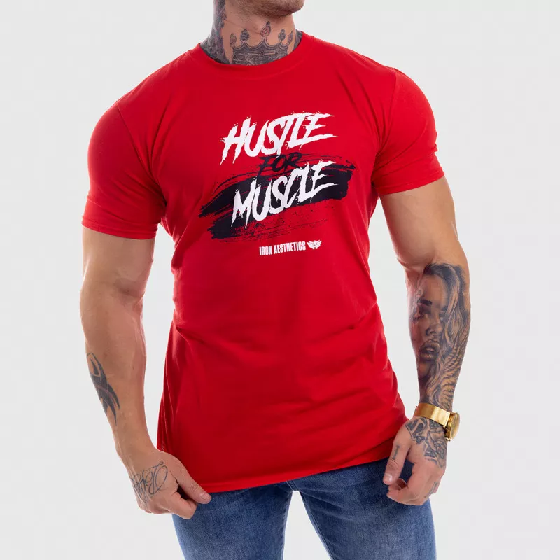 Pánske fitness tričko Iron Aesthetics HUSTLE FOR MUSCLE, červené-1