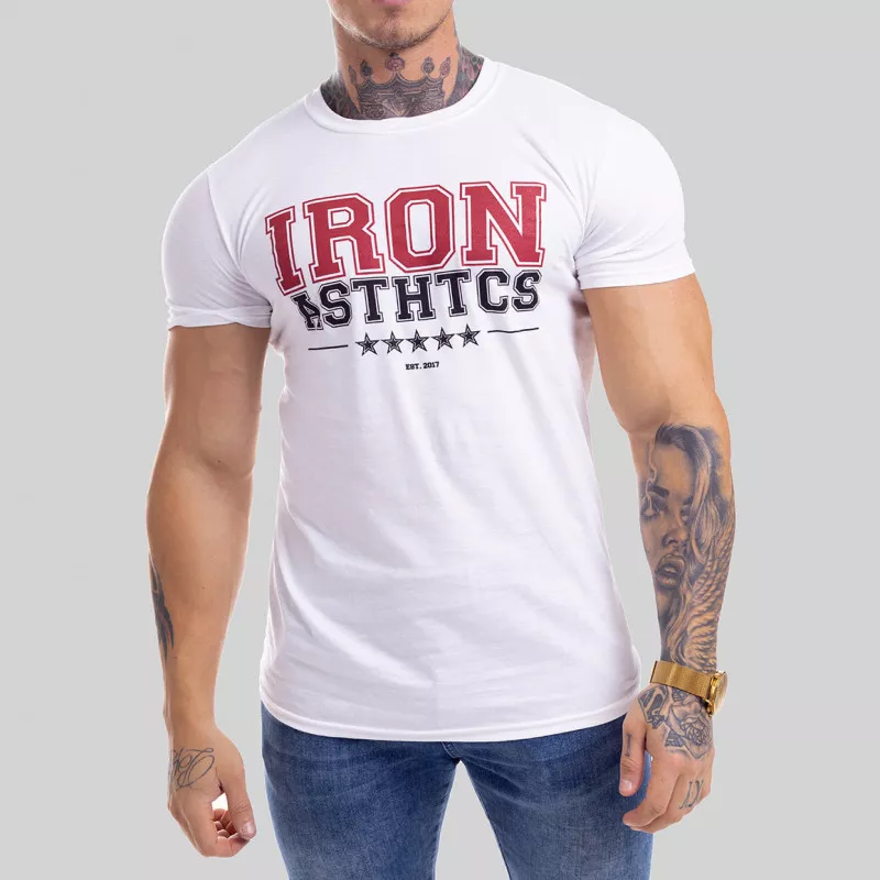 Pánske fitness tričko Iron Aesthetics VARSITY, biele-1