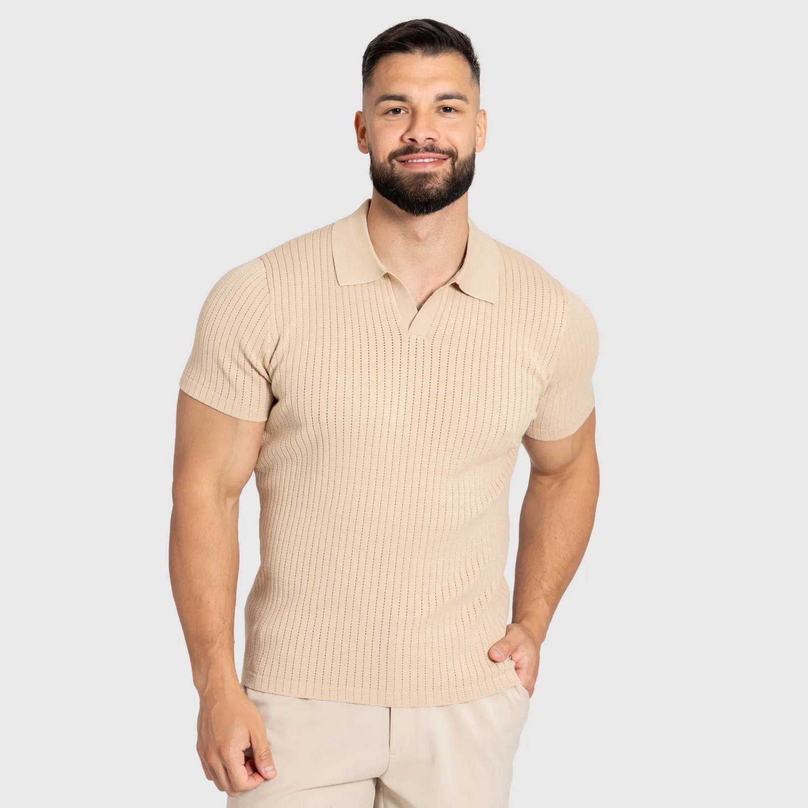 Pánske tričko Iron Aesthetics Polo Knit, béžové-1