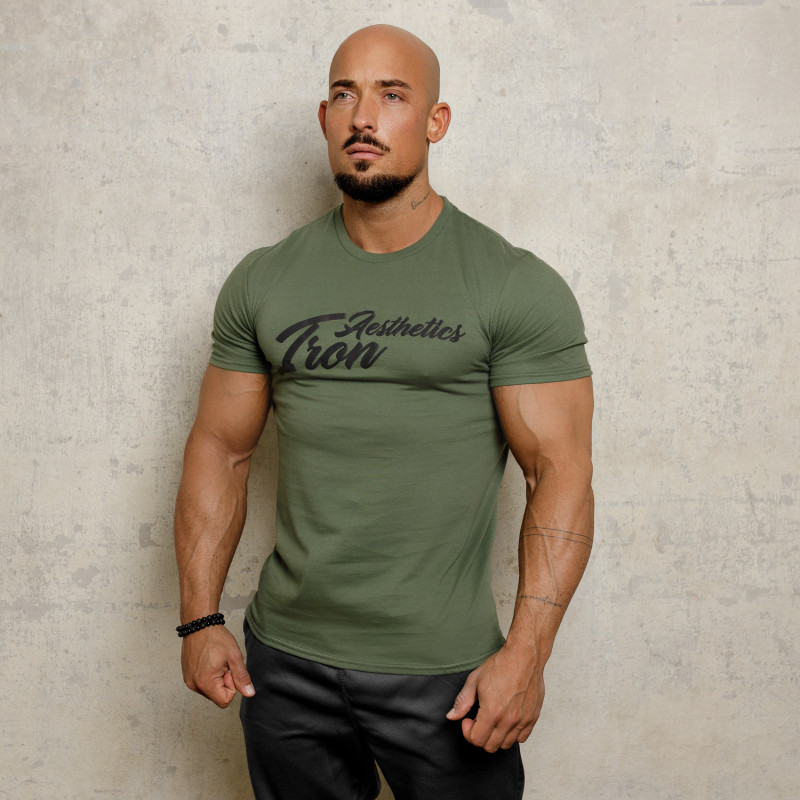 Levně Pánské fitness tričko Iron Aesthetics Puff, vojenská zelená